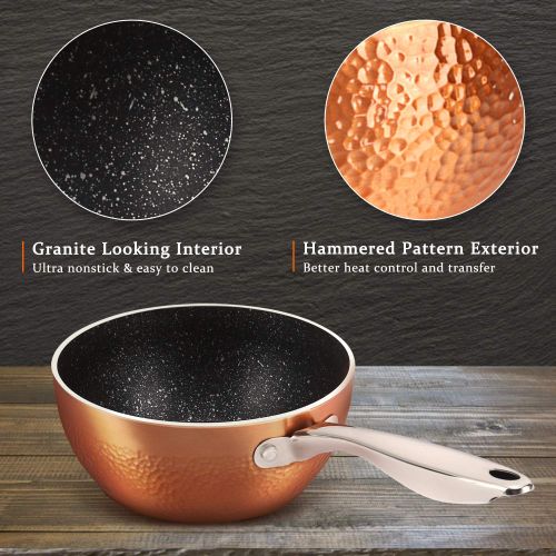  MICHELANGELO 1.5 Quart Sauce Pan with Lid, Copper Saucepan with Nonstick Granite Interior Coating & Hammering Exterior