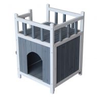 MICKYMIN Wooden Cat Pet Home with Balcony Pet House Small Dog Indoor Outdoor Shelter Gray & White