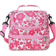 MIER 2 Compartment Kids Small Lunch Box Bag for Boys Girls Toddlers, Adult Leakproof Cooler Insulated Lunch Tote with Shoulder Strap (Pink Flower)