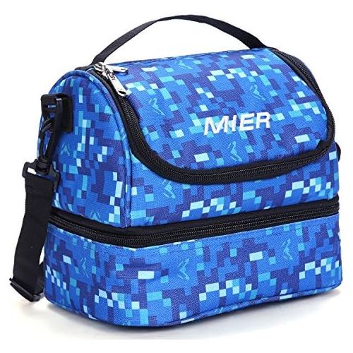  [아마존베스트]MIER Double Decker Insulated Lunch Box Soft Cooler Bag Thermal Lunch Tote with Shoulder Strap (Blue)