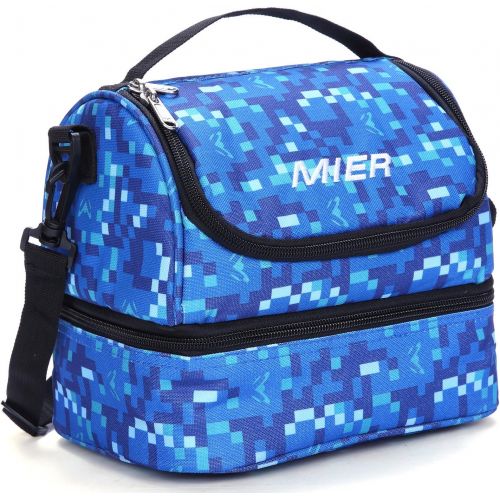  [아마존베스트]MIER Double Decker Insulated Lunch Box Soft Cooler Bag Thermal Lunch Tote with Shoulder Strap (Blue)