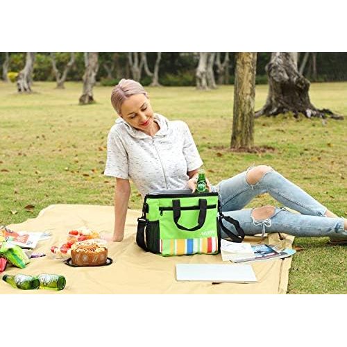  [아마존베스트]MIER 24 Can Large Capacity Soft Cooler Tote Insulated Lunch Bag Green Stripe Outdoor Picnic Bag