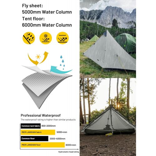  MIER Lanshan Ultralight Tent 3-Season Backpacking Tent for 1-Person or 2-Person Camping, Trekking, Kayaking, Climbing, Hiking