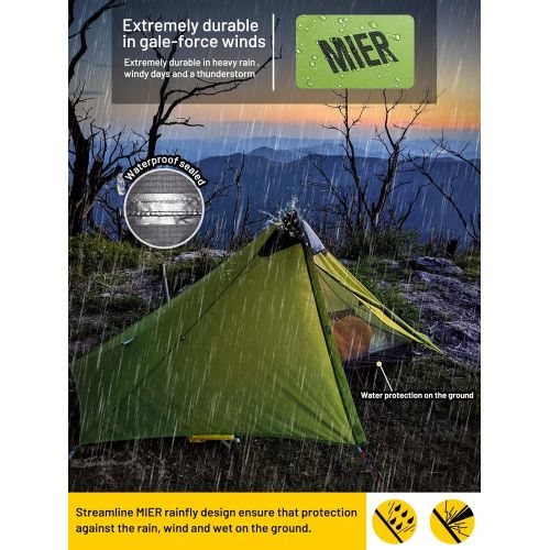  MIER Lanshan Ultralight Tent 3-Season Backpacking Tent for 1-Person or 2-Person Camping, Trekking, Kayaking, Climbing, Hiking (Alpenstock is NOT Included)