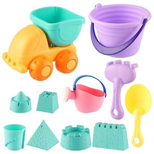  MIFXIN Kids Beach Toys Toddlers Sand Toys Set 12Pcs with Sand Truck Bucket Shovels Rakes Beach Castle Molds Water Can Storage Bag