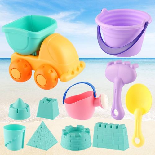  MIFXIN Kids Beach Toys Toddlers Sand Toys Set 12Pcs with Sand Truck Bucket Shovels Rakes Beach Castle Molds Water Can Storage Bag