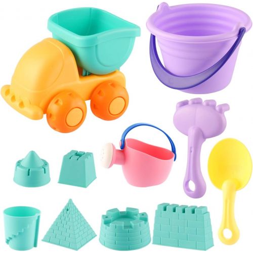  MIFXIN Kids Beach Toys Toddlers Sand Toys Set 12Pcs with Sand Truck Bucket Shovels Rakes Beach Castle Molds Water Can Storage Bag