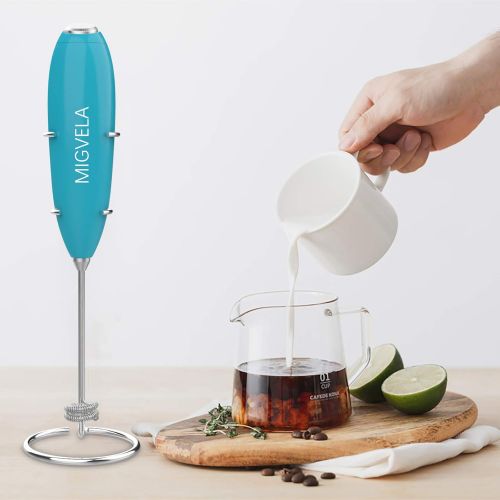  MIGVELA Coffee Milk Frother Handheld Double Whisk Electric Drink Mixer Battery Operated One-Button Hand Held Foam Maker with Stand for Coffee Latte Cappuccino Hot Chocolate (Blue)