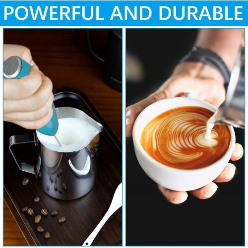  MIGVELA Coffee Milk Frother Handheld Double Whisk Electric Drink Mixer Battery Operated One-Button Hand Held Foam Maker with Stand for Coffee Latte Cappuccino Hot Chocolate (Blue)