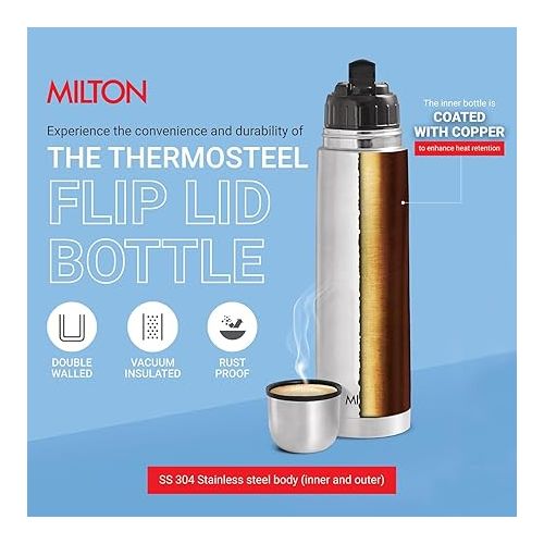  Milton Thermosteel Flip Lid 750, Double Walled Vacuum Insulated Thermos 750 ml | 25 oz | 24 Hours Hot and Cold Water Bottle with Cover, Stainless Steel, BPA Free, Leak Proof | Silver