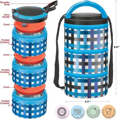  MILTON Insulated Lunch Box/Bento Box - NEW 1’st Microwave Safe Stainless Steel thermos for Kids/Adults 12 oz. Food Jar With Shoulder Strap for Men Women 3 Compartment Meal Prep Con