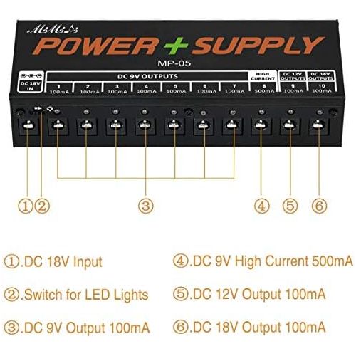  Guitar Pedal Power Supply, MIMIDI MP-05 Adapter Station, Effect Pedal Adapter 10 Isolated DC Outputs for 9V/12V/18V Effect PedalBoard