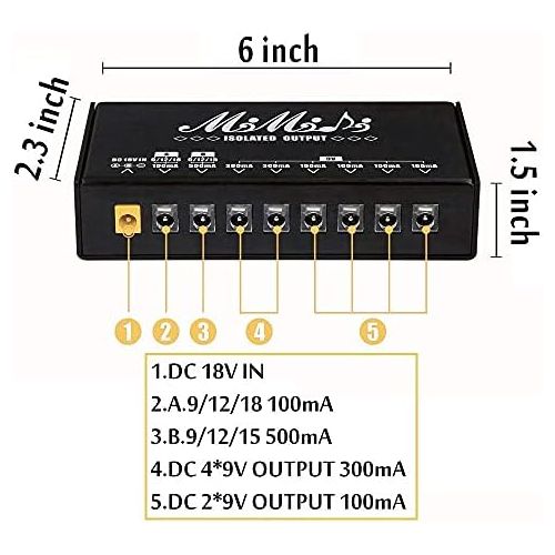  MIMIDI Guitar Pedal Power Supply,Adapter Station,8 Isolated DC Output for 9V/12V/15V/18V Effect Pedal Board with Short Circuit Protection …