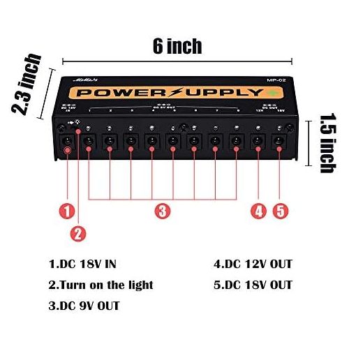  Guitar Pedal Power Supply, MIMIDI Effect Pedal Adapter 10 Isolated MP-02 Adapter Station, DC Outputs for 9V/12V/18V Effect PedalBoard …