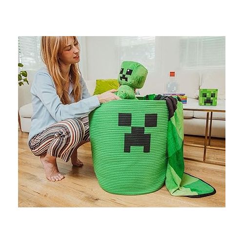  Minecraft Green Creeper Woven Cotton Rope Hamper Storage Basket For Laundry, Dirty Clothes Organizer