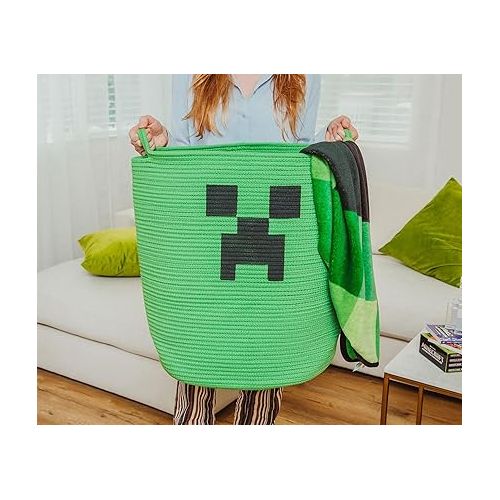  Minecraft Green Creeper Woven Cotton Rope Hamper Storage Basket For Laundry, Dirty Clothes Organizer