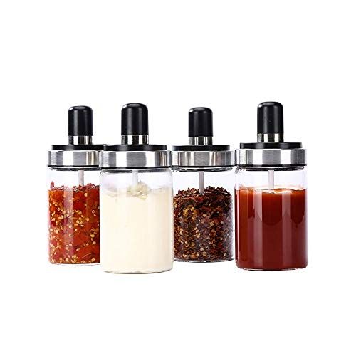  MINHTUANSTORE Glass Integrated Seasoning Bottles Jars Spice Spoon Lid Seal Plastic Sauce Oil Kitchen Storage Boxes Organization Accessories