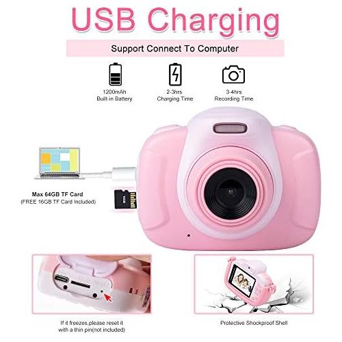  MINIBEAR Kids Digital Camera for Toddler Girls Toy Camera Kids Video Camera, Children Selfie Camera 2.4 Inch IPS Screen Mini Kids Camcorder Video Recorder with 16GB SD Card - Pink