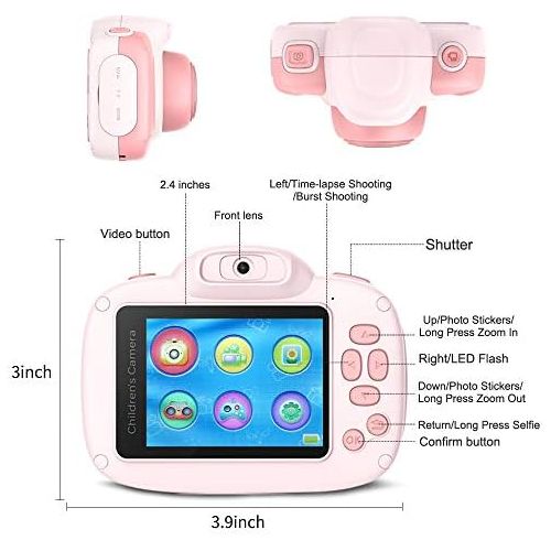  MINIBEAR Kids Digital Camera for Toddler Girls Toy Camera Kids Video Camera, Children Selfie Camera 2.4 Inch IPS Screen Mini Kids Camcorder Video Recorder with 16GB SD Card - Pink