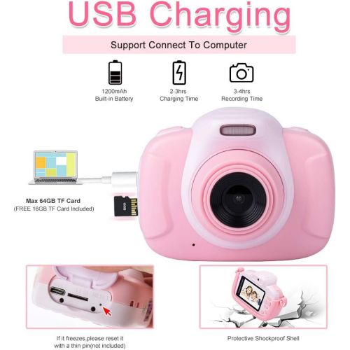  MINIBEAR Kids Digital Camera for Toddler Girls Toy Camera Kids Video Camera, Children Selfie Camera 2.4 Inch IPS Screen Mini Kids Camcorder Video Recorder with 16GB SD Card - Pink