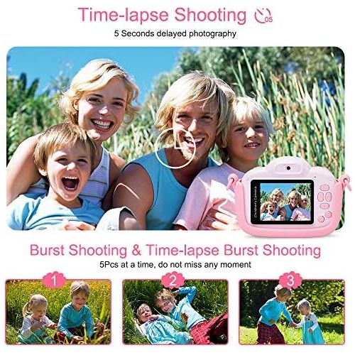  MINIBEAR Kids Digital Camera for Toddler Girls Toy Camera Kids Video Camera, Children Selfie Camera 2.4 Inch IPS Screen Mini Kids Camcorder Video Recorder with 16GB SD Card - Pink