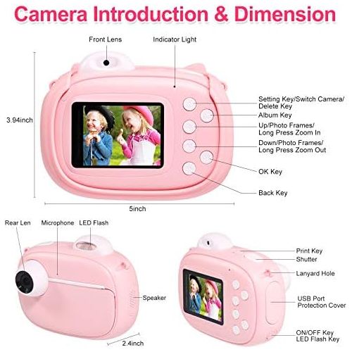  MINIBEAR Instant Camera for Kids Camera for Girls 40MP Kids Digital Camera, 2.4 Screen Toddler Camera Kids Selfie Video Camera Children Toy Camera for Kids 3 4 5 6 7 8-10 12, Print Paper an