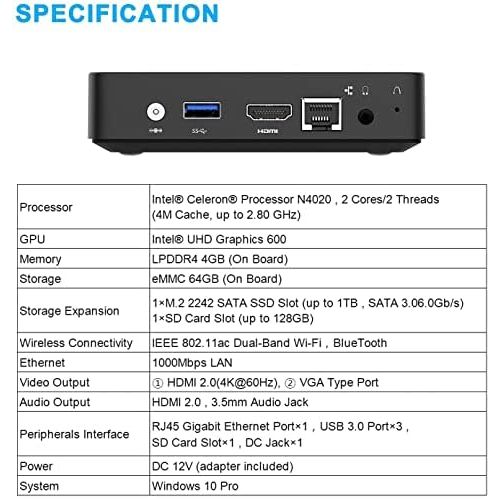  [아마존베스트]MINIS FORUM Fanless Mini PC Intel Celeron N4000 (up to 2.6 GHz) 4GB LPDDR4/64GB eMMC Mini Desktop Computer Windows10 HDMI VGA Graphics 600, 2.4/5.8G Dual WiFi BT4.2 3×USB3.0, Supports Linux, A