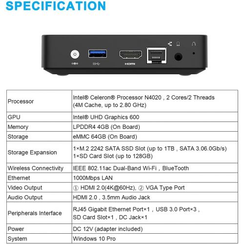  [아마존베스트]MINIS FORUM Fanless Mini PC Intel Celeron N4000 (up to 2.6 GHz) 4GB LPDDR4/64GB eMMC Mini Desktop Computer Windows10 HDMI VGA Graphics 600, 2.4/5.8G Dual WiFi BT4.2 3×USB3.0, Supports Linux, A