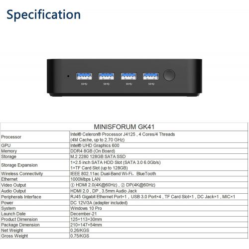  [아마존베스트]MINISFORUM Mini PC Windows 10 Pro 8GB LPDDR4 128GB SSD Intel Celeron J4125(up to 2.7GHz), Quad Core, HDMI&DP 4K@60Hz Outputs, 2X Gigabit Ethernet, 4X USB 3.0, Dual Band WiFi, Support PXE Boot