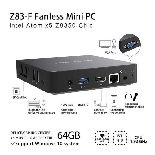  MINISFORUM Z83-F Fanless MINI PC Desktop, Windows 10 Pro 64-Bit - DDR3L 4GB64GBIntel Cherry Trail X5-Z8350 (up to 1.92 GHz)HD Graphics4K2.4G+5.8G Dual WiFi1000Mbps LANBT4.0 [Dual Outpu