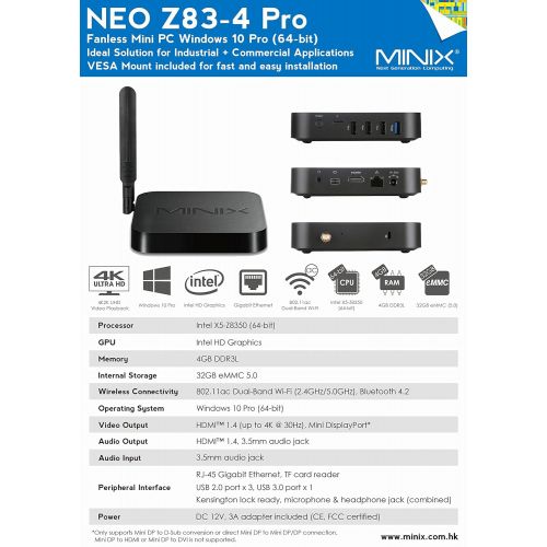  MINIX NEO Z83-4 Pro, Intel Cherry Trail Fanless Mini PC Windows 10 Pro (64-bit) [Intel X5-Z83504GB32GBDual-Band Wi-FiGigabit EthernetDual Output4K]. Sold Directly by MINIX Te
