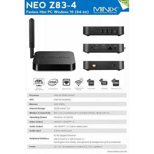  MINIX Neo Z83-4, Intel Cherry Trail Fanless Mini PC Windows 10 (64-bit) [4GB32GBDual-Band Wi-FiGigabit EthernetDual Output4K]+ Neo W2 2.4GHz Wireless Windows Air Remote [Backl