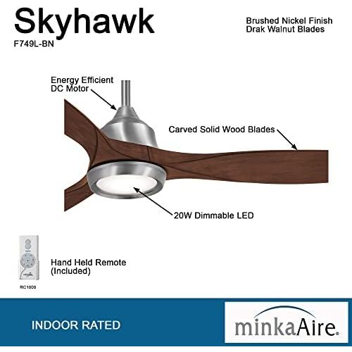  [아마존베스트]Minka-Aire F749L-BN Skyhawk 60 Inch LED Ceiling Fan with Carved Wood Blades, Integrated LED Light and DC Motor in Brushed Nickel Finish