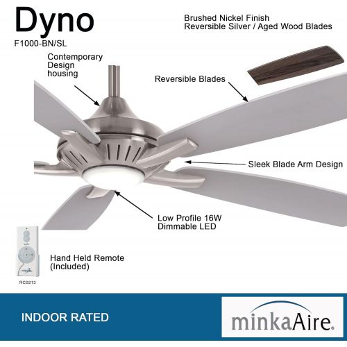  Minka-Aire F1000-BN/SL Dyno 52 Inch Indoor Ceiling Fan with Integrated LED 16W Dimmable Light in Brushed Nickel Finish and Silver/Aged Wood Reversible Blades