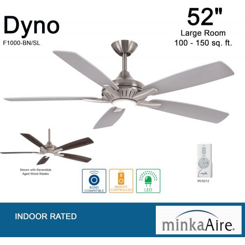  Minka-Aire F1000-BN/SL Dyno 52 Inch Indoor Ceiling Fan with Integrated LED 16W Dimmable Light in Brushed Nickel Finish and Silver/Aged Wood Reversible Blades