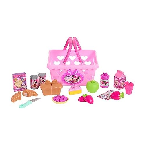  Disney Junior Minnie Bow-Tique Bowtastic Shopping Basket Set with Pretend Food and Accessories, Pretend Play, Kids Toys for Ages 3 Up by Just Play