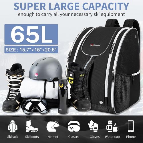  MIRACOL Ski Boot Bag, Waterproof Snowboard Boot Backpack, 65L Extra Large Capacity Travel Luggage for Snow Boots, Jacket, Helmet, Goggles, Gloves & Accessories