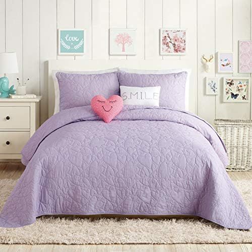  [아마존베스트]MISC 5 Piece Purple Heart Quilt Full/Queen Set Heart Bedding Girls Emboss All Over Love Smile Motif Themed Solid Color Pattern Pink White, Cotton