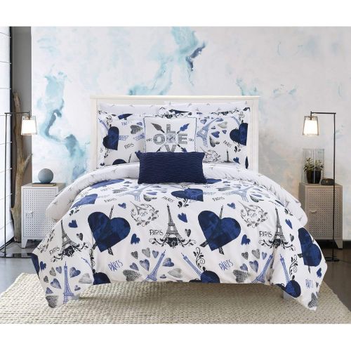  MISC 7 Piece Eiffel Tower Comforter Twin Set Girls Paris Bedding Blue Love Heart Eiffel Tower Pattern France Romance City Themed White Black, Microfiber