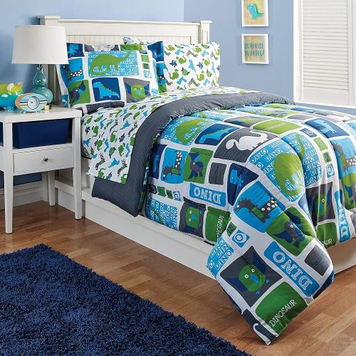  MISC 2 Piece Kids Boys Blue Green Dinosaur Themed Comforter Set Twin, Brontosaurus Dino Saur Bedding, Reptile Bird Pattern Childrens Animal, Polyester