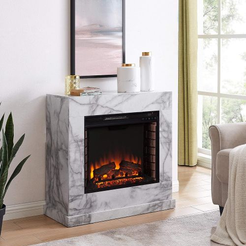  MISC Contemporary White Stone Electric Fireplace Grey Modern Manufactured Wood Metal Adjustable Thermostat Includes Hardware