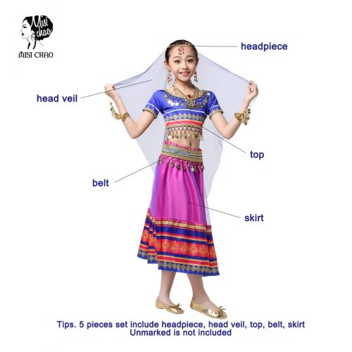  MISI CHAO Bollywood Belly Dance Costume - Sari Noble Dance Outfit Halloween Costumes with Head Veil for Girls