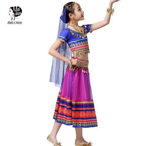  MISI CHAO Bollywood Belly Dance Costume - Sari Noble Dance Outfit Halloween Costumes with Head Veil for Girls