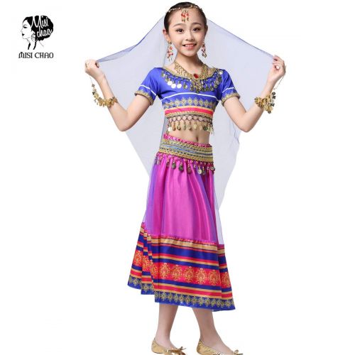  MISI CHAO Bollywood Belly Dance Costume - Sari Noble Dance Outfit Halloween Costumes with Head Veil for Girls