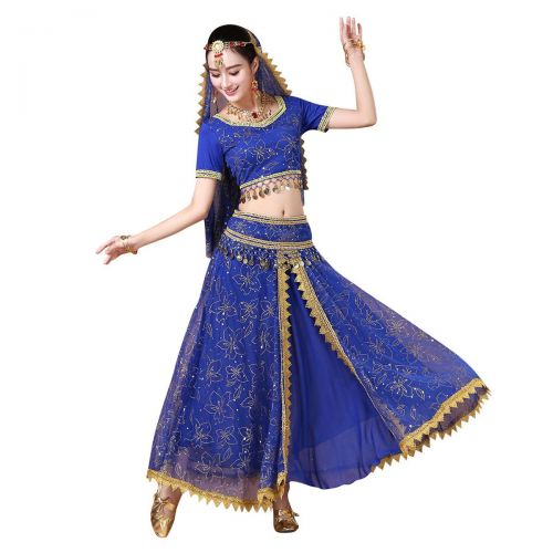  MISI CHAO Belly Dance Costume Bollywood Dress - Halloween Chiffon Dance Outfit Costumes with Head Veil for Women