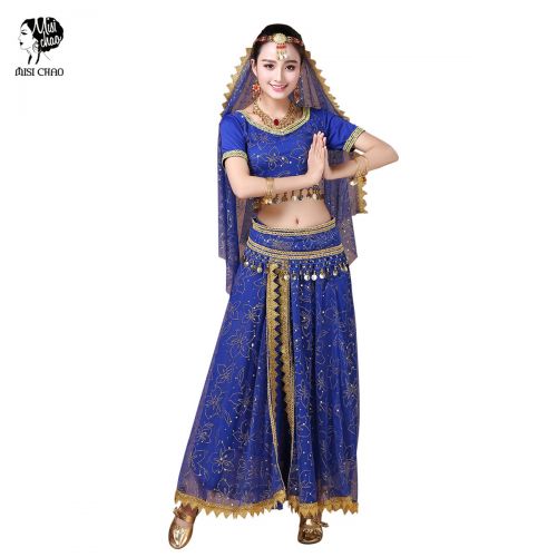  MISI CHAO Belly Dance Costume Bollywood Dress - Halloween Chiffon Dance Outfit Costumes with Head Veil for Women