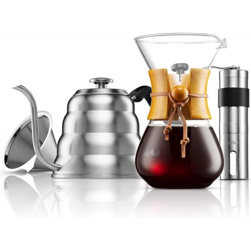  MITBAK Pour Over Coffee Maker Set Kit Includes 40 OZ Gooseneck Kettle with Thermometer, Coffee Mill Grinder & 20 OZ Coffee Dripper Brewer Great Replacement for Coffee Machines