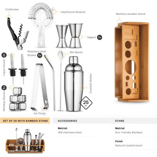  [아마존베스트]Mitbak Bartender Kit | 20-Piece Bar Accessories Set | Look Like A Pro With 25 OZ Cocktail Shaker Bottle, Strainer, Jigger, Steel Straws, Whiskey Stones & More | Excellent Gift