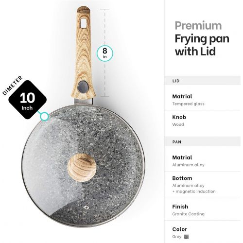  [아마존베스트]Mitbak 10-Inch Non-Stick Frying Pan with Lid | Granite Coating Nonstick Skillet with REMOVABLE Heat-Resistant Wooden Handle | Premium Cooking & Kitchen Utensil | Induction Compatib