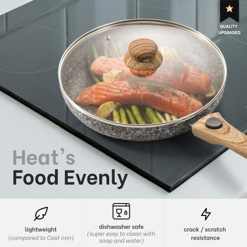  [아마존베스트]Mitbak 10-Inch Non-Stick Frying Pan with Lid | Granite Coating Nonstick Skillet with REMOVABLE Heat-Resistant Wooden Handle | Premium Cooking & Kitchen Utensil | Induction Compatib